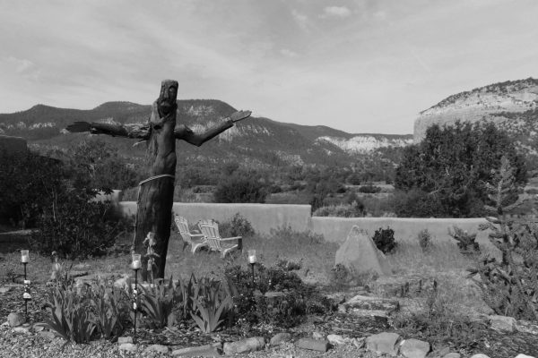 St. Francis Overlooking Desert Canyon in Black and White